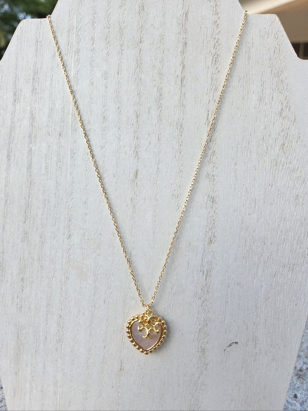 Tory Burch Heart Pendant Necklace Gold Tone Logo Charm Mother of Pearl